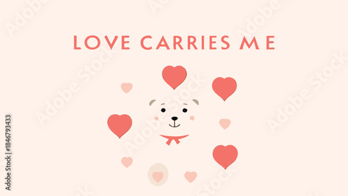A cute white teddy bear surrounded by floating hearts, conveying love and affection in a romantic glow, with pastel
