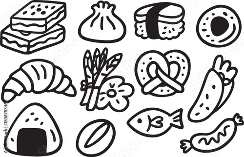 Diverse food silhouette vector art illustrations featuring baklava dumplings sushi croissant pretzels onigiri and more in a whimsical style on a white background