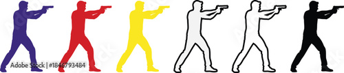 Silhouette Man Holding Gun Aiming Forward on White Background