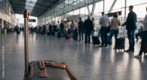 Close-up of suitcase handle with blurred queue of travelers waiting in line at airport terminal