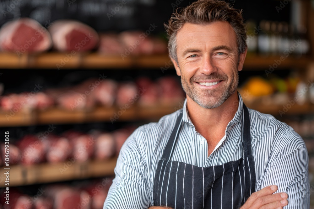 Fototapeta premium Confident butcher smiling owning small business