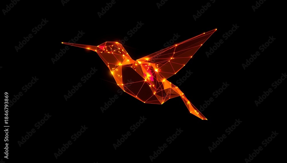 Naklejka premium Orange polygonal hummingbird with glowing dots on black background geometric low poly