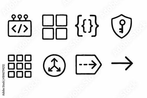 Web development, coding outline icon set. Programming, software, security symbols