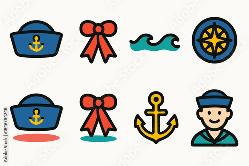 Nautical flat icon set. Maritime, sea symbols and sailor icons collection.