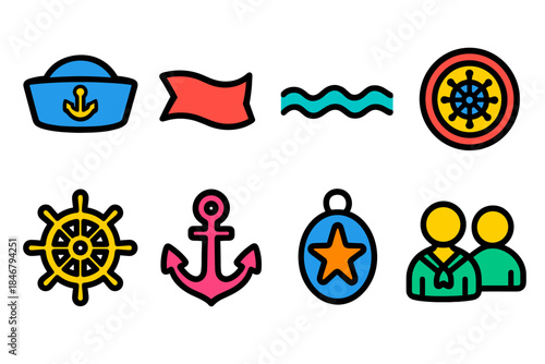 Nautical and marine flat icon set for navigation, sailing, and ocean themes