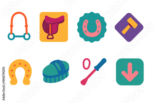 Equestrian, horse riding flat icon set. Horseback riding gear, equipment collection