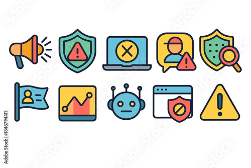 Cybersecurity, caution flat icon set. Alert, network security risk icons flat collection