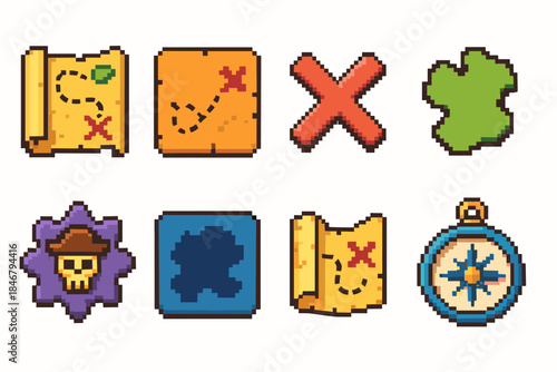 Treasure hunt pixel art icon set. Adventure, map, compass, pirate icons collection