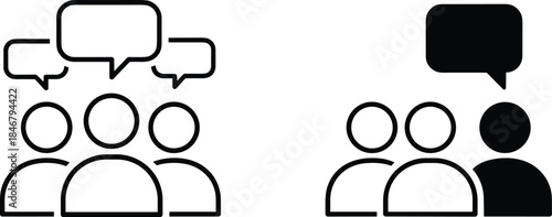 Black and white group communication icons depicting three stylized people with speech bubbles representing team discussion, presentation, meeting, and interactive conversation.
