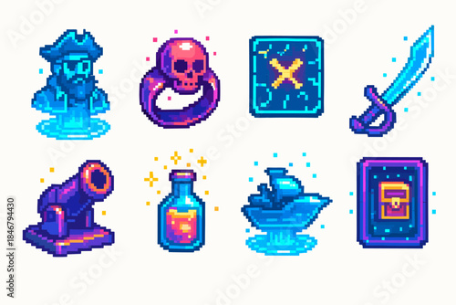 Pirate adventure 3d icon set. Nautical, treasure, skull icons collection