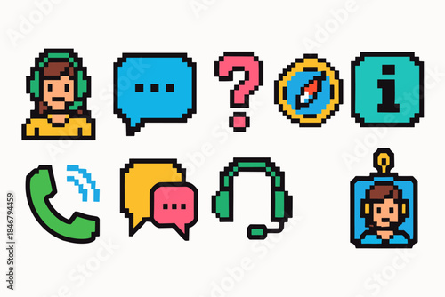 Communication, customer support pixel art icon set. 8-Bit style chat, headset icons.