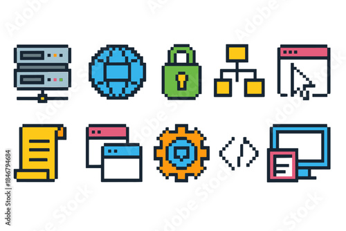 Web development pixel icon set. Internet, coding pixelated icons collection.