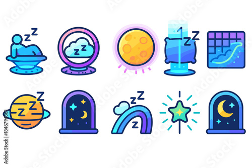 Sleep and dream flat icon set. Rest, relaxation, and bedtime icons collection
