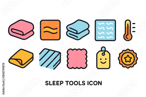 Sleep and relaxation flat icon set. Cozy sleep tools and accessories collection