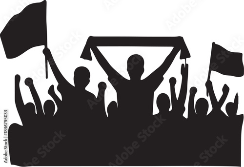 Silhouette crowd of cheering fans with flags and scarves, football or sports supporters vector illustration