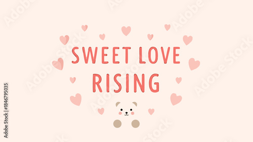 A cute pastel bear floats freely surrounded by hearts in sweet love rising scene