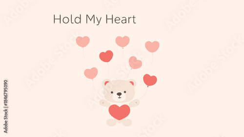 A romantic teddy bear drifts with pink and red heart balloons in the air