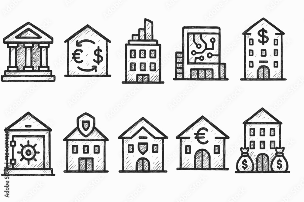 Fototapeta premium “Finance and banking outline icon set. Money, currency, bank, economy, financial icons”