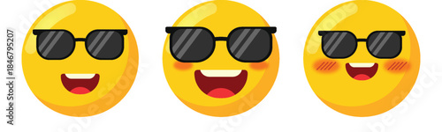 Three smiling yellow emoji faces with black sunglasses showing happy expressions cheerful mood casual vector illustration bright colorful icons