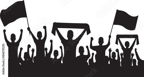Silhouette crowd of cheering fans with flags and scarves, football or sports supporters vector illustration