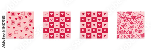 Colorful flat design seamless patterns set with various heart shapes and romantic elements in pink red tones for valentines day background decoration and wrapping paper design