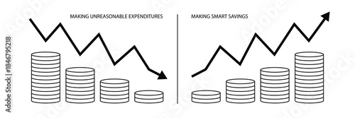 Flat design infographic showing money coins with declining and rising graph trends illustrating making unreasonable expenditures versus making smart savings concept visualized