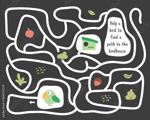 Labyrinth, Maze game for children. Logical puzzle for kids. Quest to find the right path for a bird to the birdhouse. Vector illustration