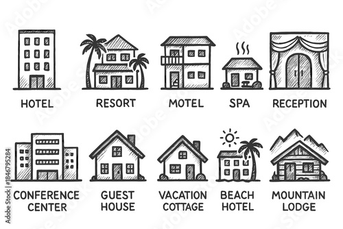 Hotel, accommodation sketch icon set. Lodging, resort, travel icons hand-drawn collection.