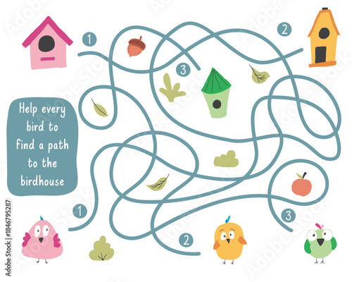 Labyrinth, Maze game for children. Logical puzzle for kids. Quest to find the right path for a bird to the birdhouse. Vector illustration