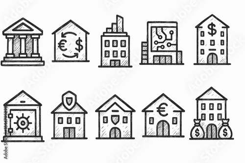 “Finance and banking outline icon set. Money, currency, bank, economy, financial icons”