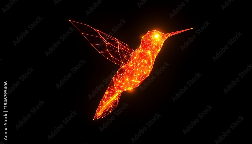 Naklejka premium Glowing Orange Geometric Hummingbird Wireframe Design on Black polygon low poly