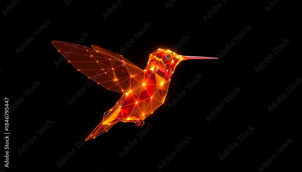Naklejka premium Fiery Orange Geometric Hummingbird Polygon Art on Black Background low poly wireframe