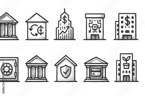 Finance and banking icon set with hand-drawn style for financial applications
