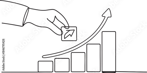 Single line drawing of a hand stacking blocks with rising upward arrow onto a staircase, a business concept of National Productive Business Civility Day event