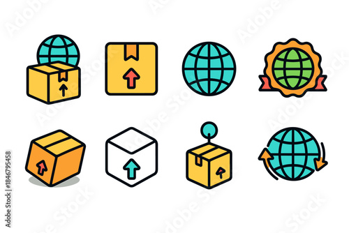 Shipping and delivery outline icon set with packaging and logistics essentials
