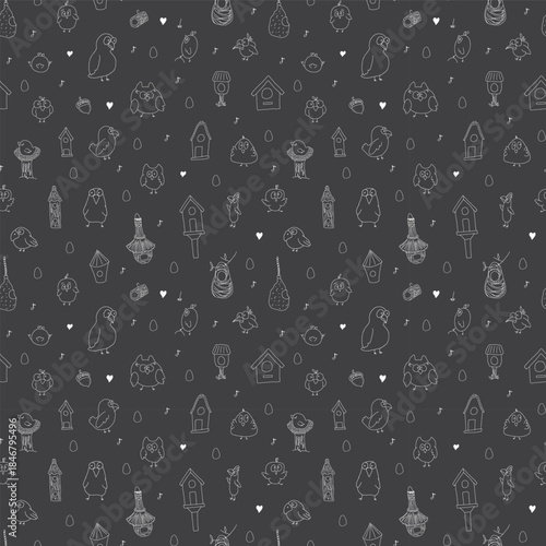 Cute birds and their birdhouses seamless pattern. Cute Cartoon birds background. Vector Illustration