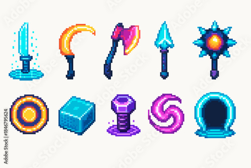Gaming weapon pixel icon set: pixelated, weapons, fantasy, rpg, retro, video games