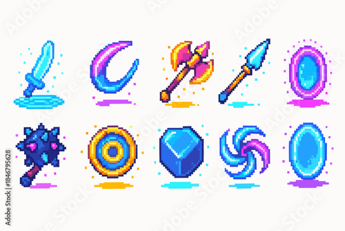 Fantasy game weapons icon set. Pixel art, gaming, weapons, fantasy elements collection