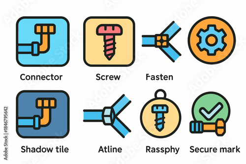 Construction tools flat icon set. Connector, fasten, secure mark flat icons collection