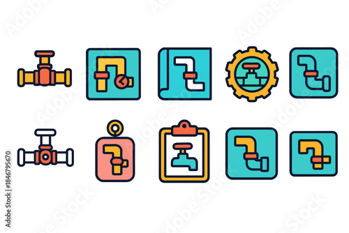 Plumbing tools icon set. Faucet and pipe outline icons for maintenance projects.