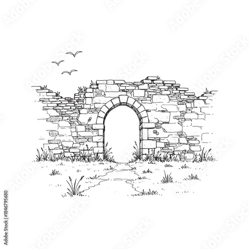 Hand drawn ink sketch of ancient stone castle ruins with an archway and crumbling walls, isolated architectural illustration on white paper texture background.
