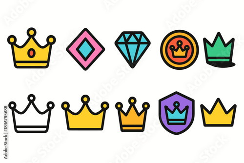 Crown and jewel flat icon set: royalty, gemstone, badge, and crest icons collection