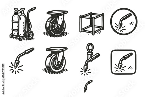 Welding and caster tools icon set. Industrial collection in outline style