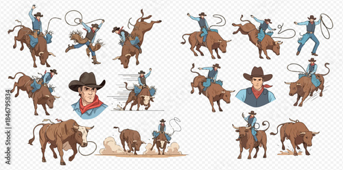 Set of cartoon illustrations depicting cowboys riding bulls and performing rodeo tricks.