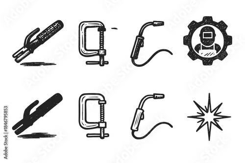 Welding and workshop tools silhouette icon set: essential workshop equipment icons