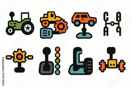 Farm machinery and vehicle flat icon set for engineering and agriculture