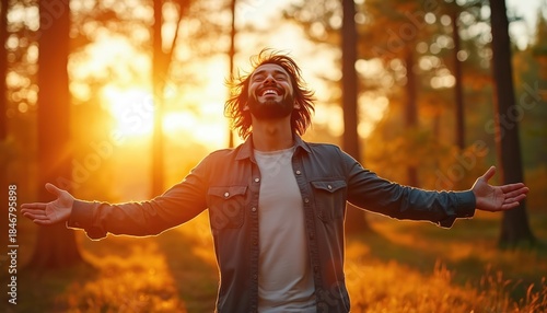 Man with arms outstretched in sunlit forest at dusk, embracing life with pure joy, overwhelming happiness. He feels free, energized, utterly content in nature, experiencing moment of deep bliss.