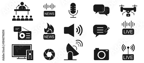 set of black and white Mass Media editable icons with containing news,podcast,live,breaking news,mass media,message,radio,camera,speaker etc Solid vector icon symbol illustration