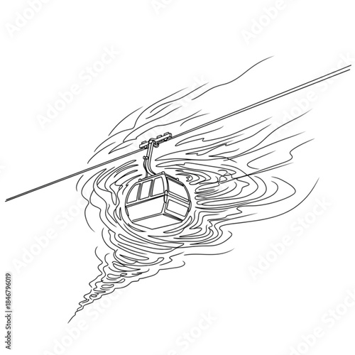 cable car in blizzard. Winter mountain landscape with a cable car gondola ascending snowy peaks, hand-drawn sketch illustration, alpine transportation, winter sports, travel, and adventure