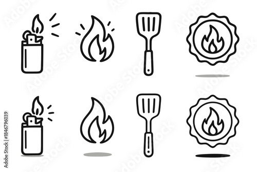 Cooking and fire line icon set. Kitchen, grill, safety linear icons collection
